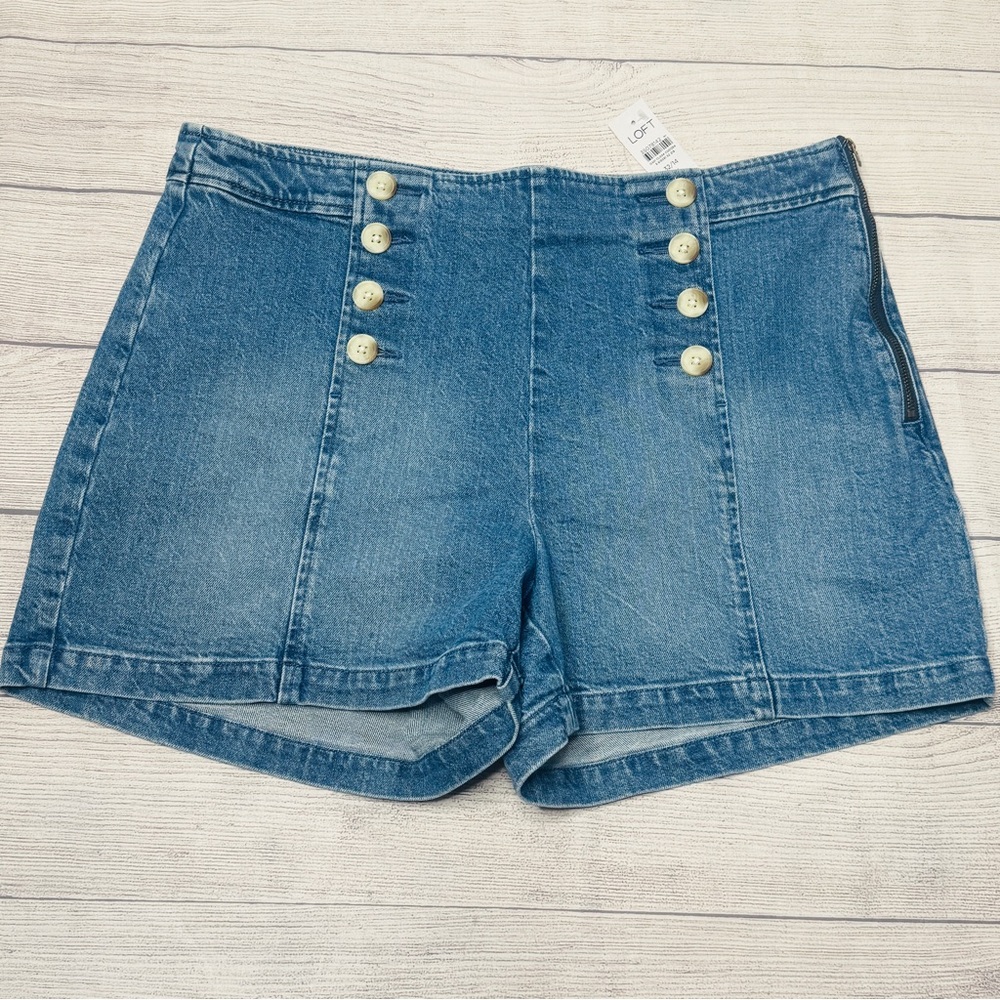 LOFT High Rise‎ Denim Sailor Shorts 32 / 14 Women's Medium Wash Blue Jeans NWT